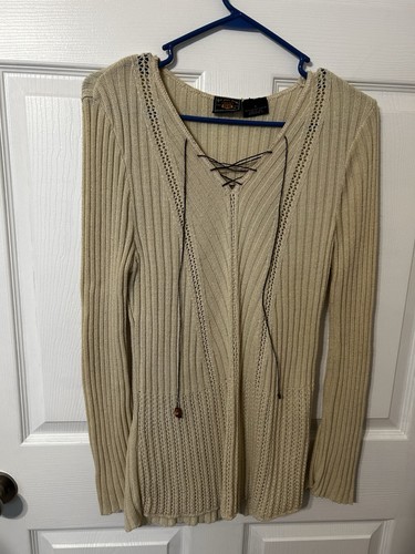 Vintage Y2K Bohemian Rib Net Sweater Lace Up Size Small