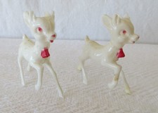 Vintage set of 2 Celluloid Christmas Reindeer Baby Buck Ornaments w/Red Eyes