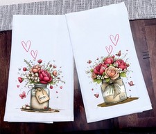 Kitchen Towel Tea Towel Valentine Flowers Hearts Size 28x28 Ink on 100 Cotton