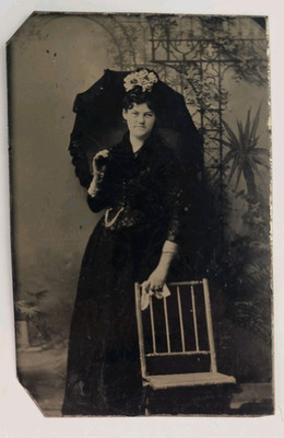 Antique Tintype Photo Victorian Woman Hat Dress Fashion Open Parasol Umbrella