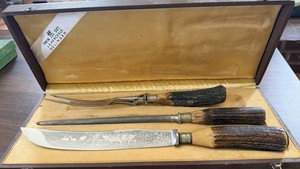 Antique J.A. Henckels Etched Stag Antler 3-piece Carving Set  Solingen Germany