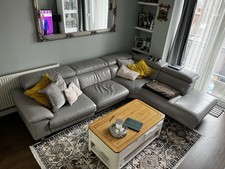 Large Grey Leather Corner Sofa with Recliner – Modern L Shape Couch