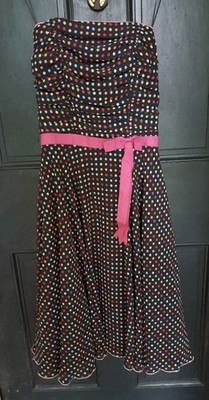 ABS Sz 4 Brown Polka Dot Strapless Ruched Bodice Flare Dress Vintage 90s