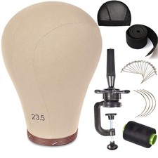 23.5 Wig Head Cork Canvas Block Mannequin w/ Stand for Making Wigs