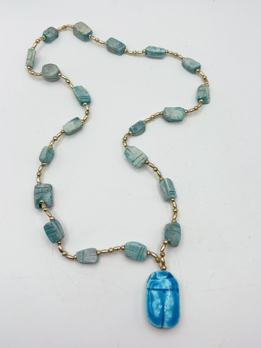 Vintage Egyptian Revival Necklace Scarab Carved Soap Stone