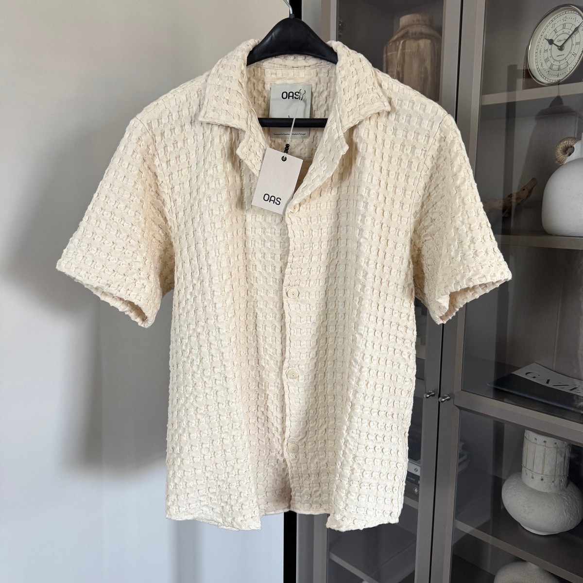 OAS Cuba Waffle Textured Ecru Button Up Short Sleeve Shirt XXL NEW 
