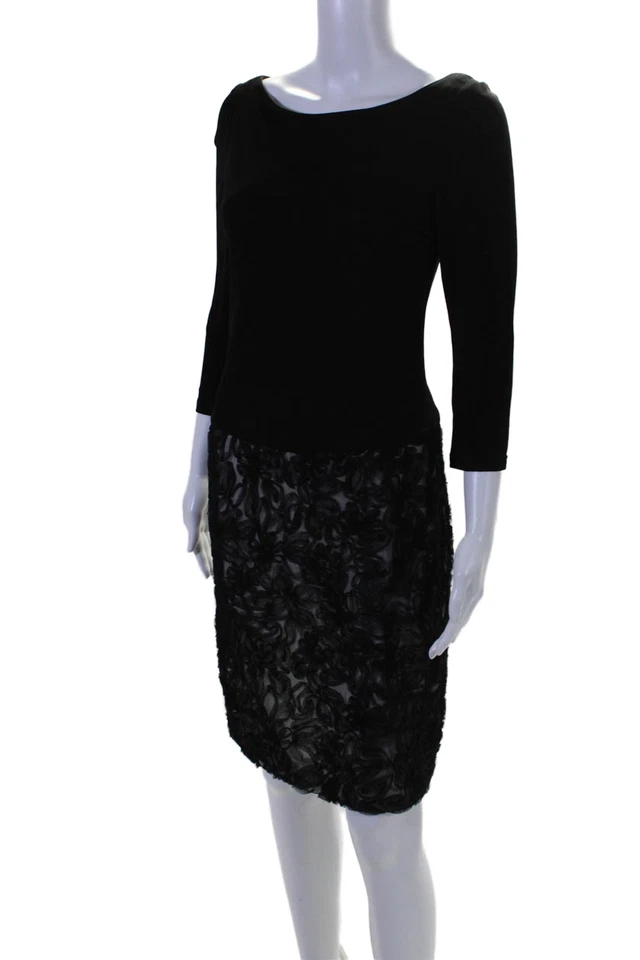 Vestido negro con cremallera manga larga cuello en V detalle floral Marchesa Notte para mujer talla 8 Foto 2 de 4