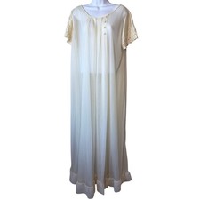 VTG 50s Ivory Sheer Peignoir Robe Nylon Chiffon Lace Satin Sleeves Maxi Long L