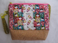 Handmade project bag made of cotton Matryoshka fabric  cork 12.5" x 11" x 4.5"