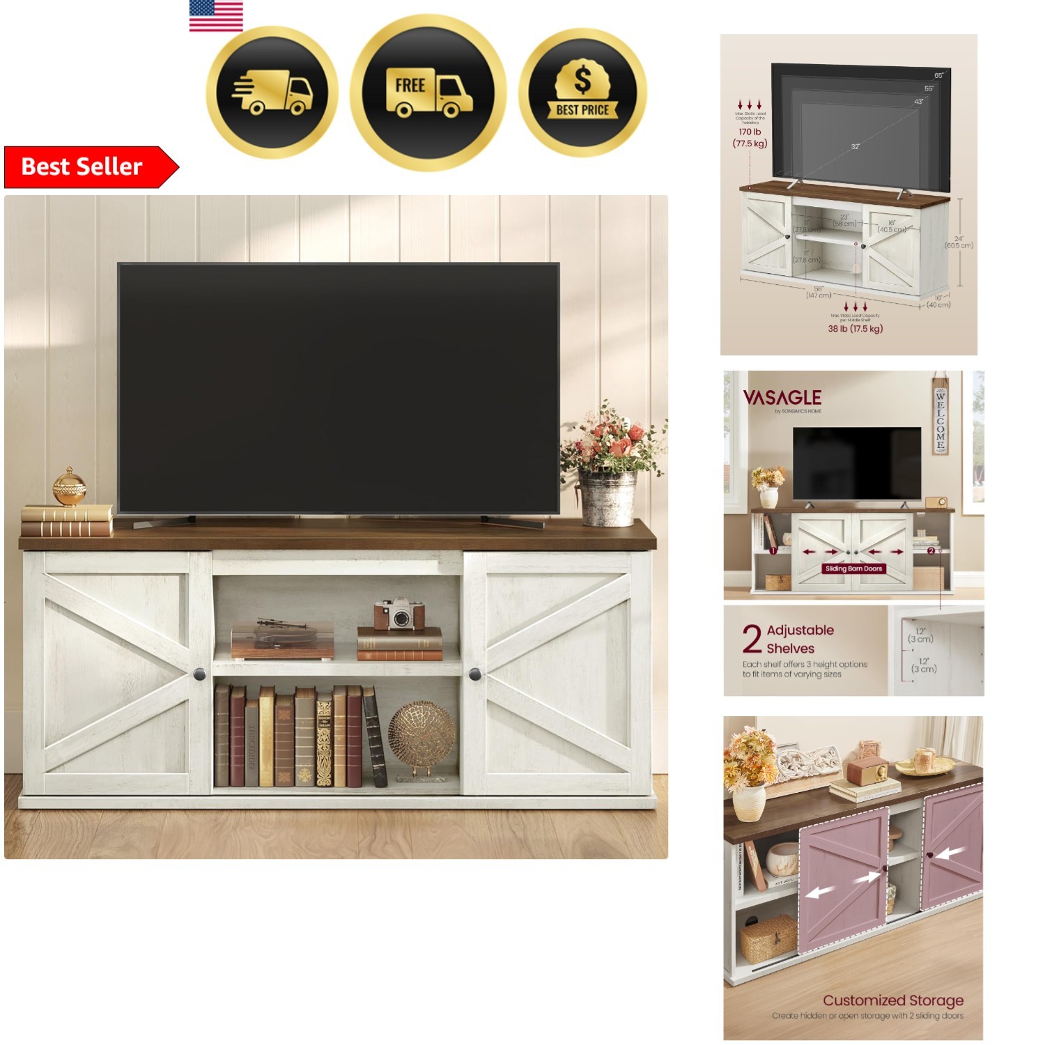 For 65 Inch Tvs Rustic White Honey Brown 58 Inches
