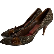 RARE Vintage Elsa Schiaparelli Brown Sequin Foil Heels, 8.5 A