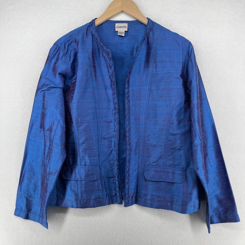 CHICOS Jacke 2 Rohseide vorne offen Cardigan Oberteil Flechtbesatz Langarm blau