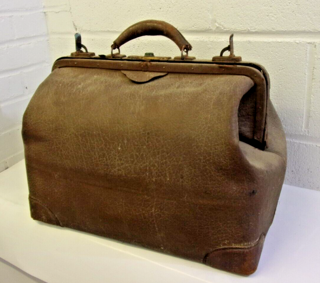 Early Leather Large Doctors Medical Bag Antique Vintage