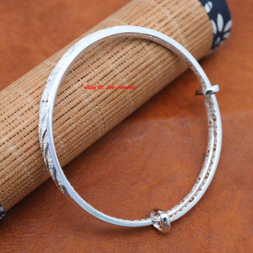 Solid 999 Fine Silver 7mm Width Flower Finish Surface Bangle Adjustable 62mm Dia - Picture 5 of 6