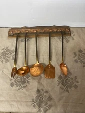 Copper kitchen utensil and stand, skimmer, ladle, shovel, fork
