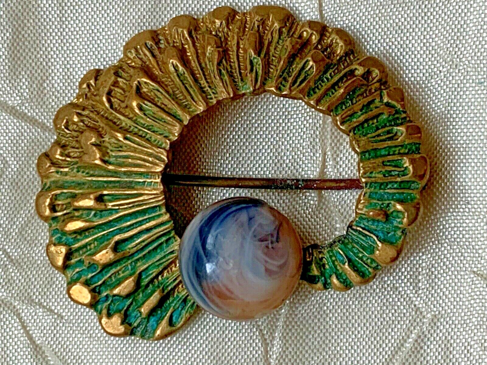 Antique French Gilt Metal Brooch with Green Enamel and Stone Marked 6