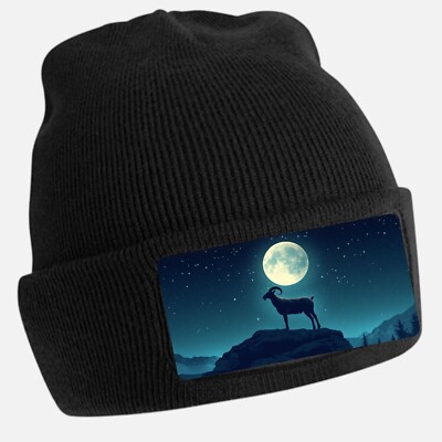 Schwarze Otter Mütze mit coolem Ziege Vollmond Motiv - Unisex Mütze, Baumwolle