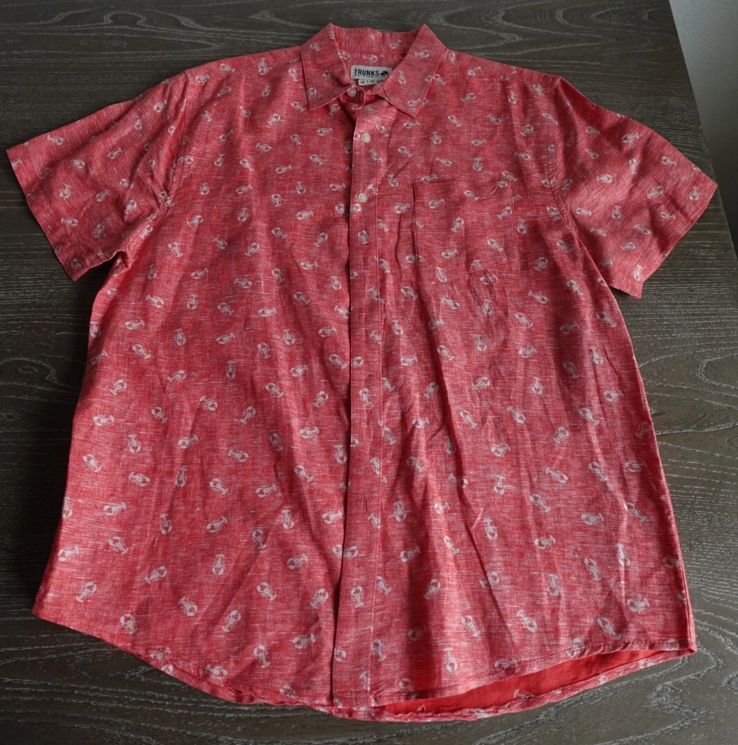 Trunks Men's Cotton Button Up Beach Shirt Size L Red with Lobsters Design