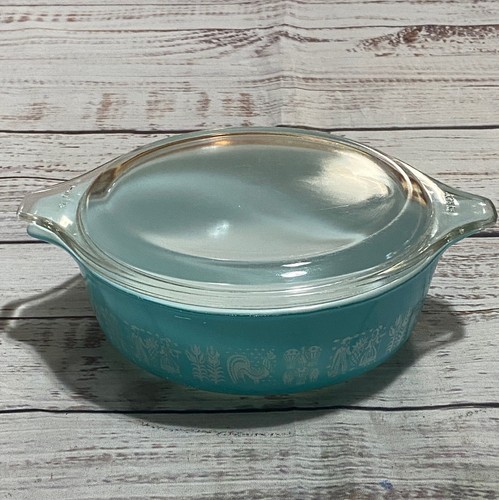 Vtg Pyrex 471 Turquoise Amish Butterprint Round 1 PT Casserole Dish 470C Lid - 第 1/7 張圖片