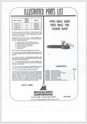 い専用ページ McCulloch Pro Mac 700 4300 ChainSaw Illustrated Parts List 1992