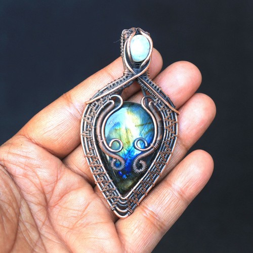 Moonstone Evil Eye Pendant Labradorite Copper Wire Wrap Jewelry For Gift NK562 - Picture 3 of 12