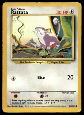 Rattata 61/102 Pokemon Card Base Set Comon 30 HP Lightly Played E5