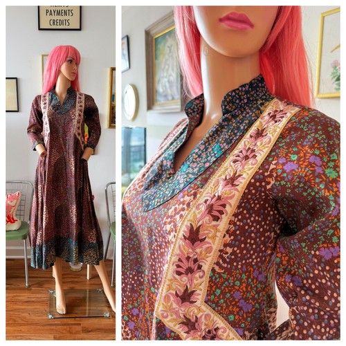 Vintage 70s Boho Hippie Patchwork Cotton Kaftan Circle Skirt Maxi Dress M