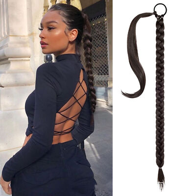 32'' Synthetic Braided Ponytail Extensions Long Black Hairpiece Pony for Women