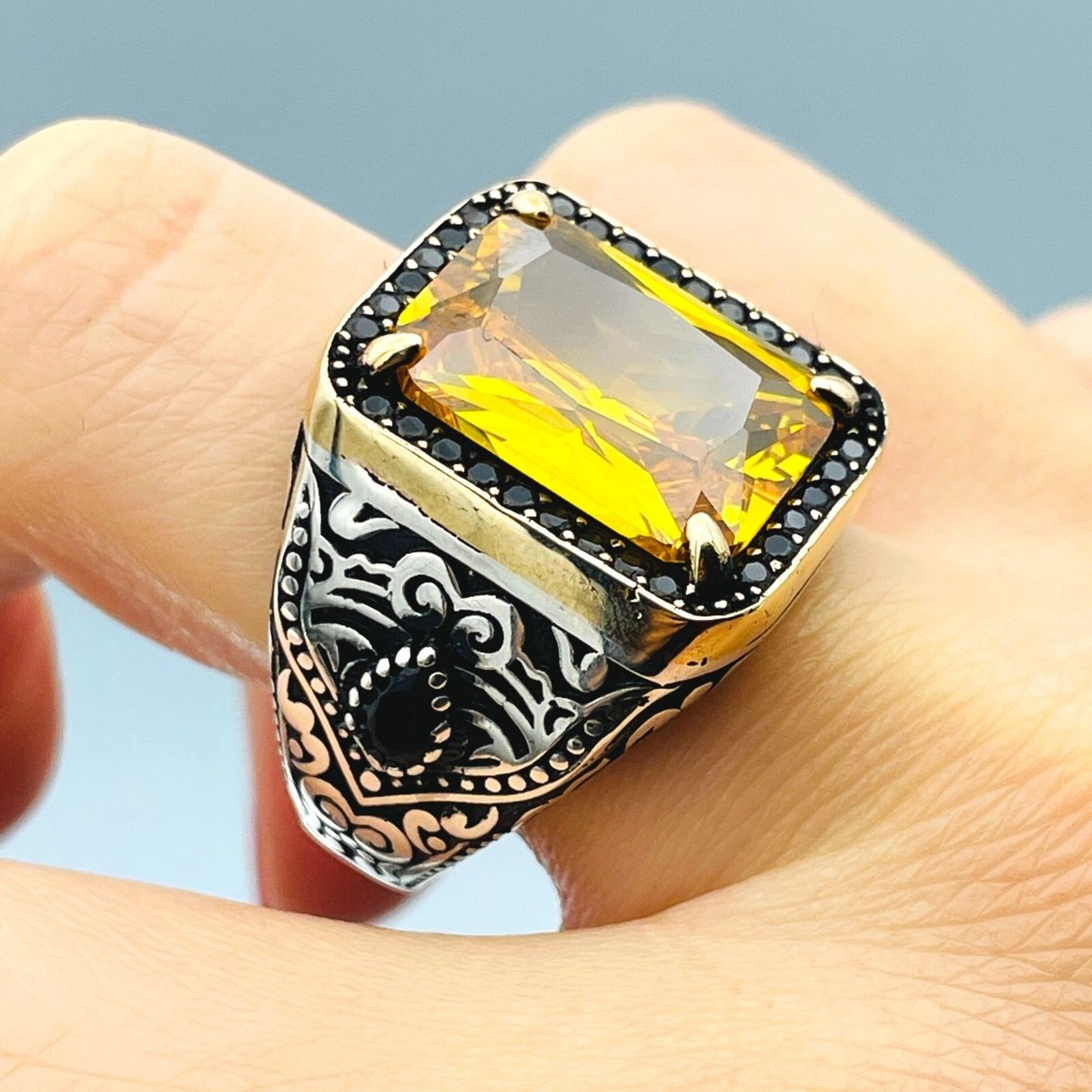 Men Handmade Simulated Citrine Stone Ring Mens, 925K Silver, Men's