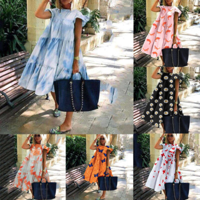Dress Midi Womens Floral Holiday Oversized Beach Summer Sundress Dress Ruffle