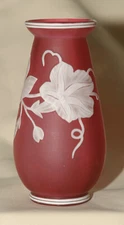 English Cameo Art Glass Vase Carved White Morning Glory on Pink  **LOOK**