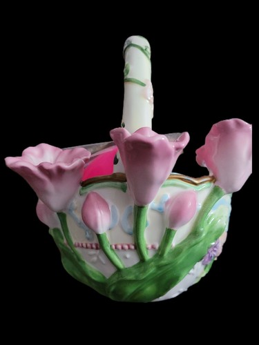 Avon Springtime Collection Easter Basket pink, green flower with Bunny and Eggs - Picture 6 of 7