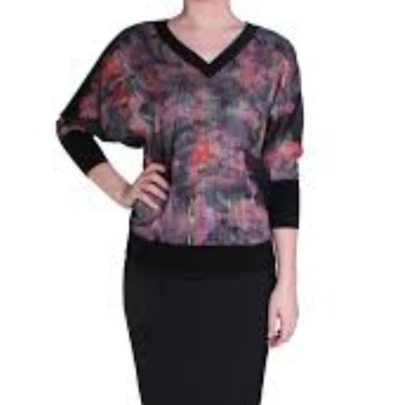 Ted Baker  0 XS Tamela Floral Panel Dolman  Sleeve Sweater Wool Cashmere V Neck - Image 2 of 4