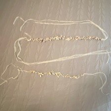 Gold  White Faux Pearl Metal Hair Vine Headpiece and Belt with Ribbon Ties