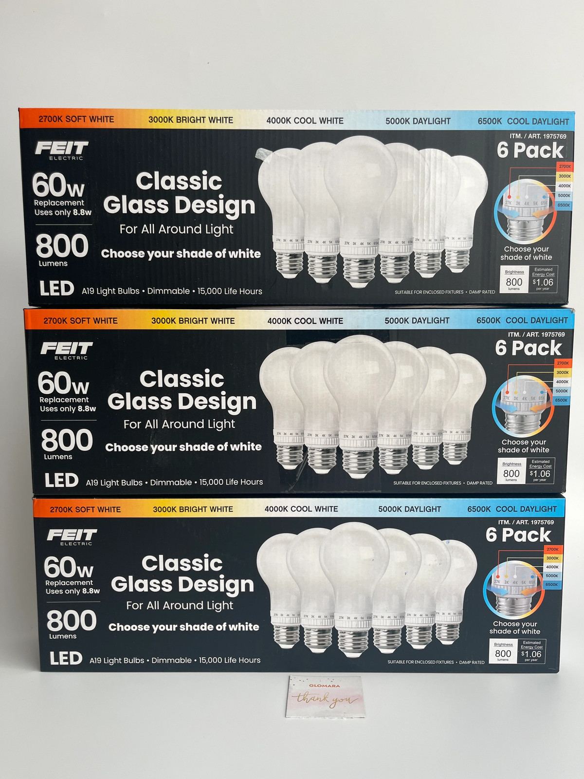 Lot of 3 Feit Electric LED A19 Glass 800 Lumens 60W Eq Clear 6pk (18 Bulbs) NEW