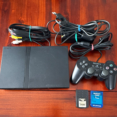 Sony PlayStation 2 Slim Konsole schwarz PAL mit Controller, Kabeln & 2x 16MB