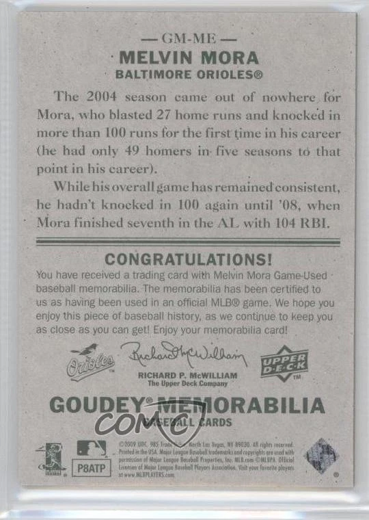 2009 Upper Deck Goudey Memorabilia Melvin Mora #GM-ME - Image 2 of 2