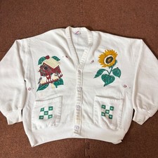 Vintage Jerzees Birdhouse Sunflower Sweatshirt Cardigan White One Size USA Made