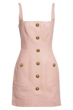 Premium LUXURY Women's Button Leather Mini Dress Pure Sheepskin Baby Pink Dress
