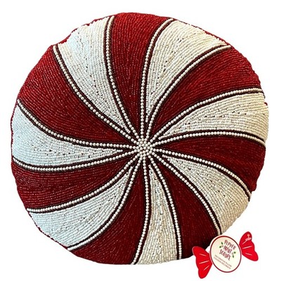 Peppermint Swirl Beaded Christmas Pillow 15in Holiday Decor by Peppermint Square