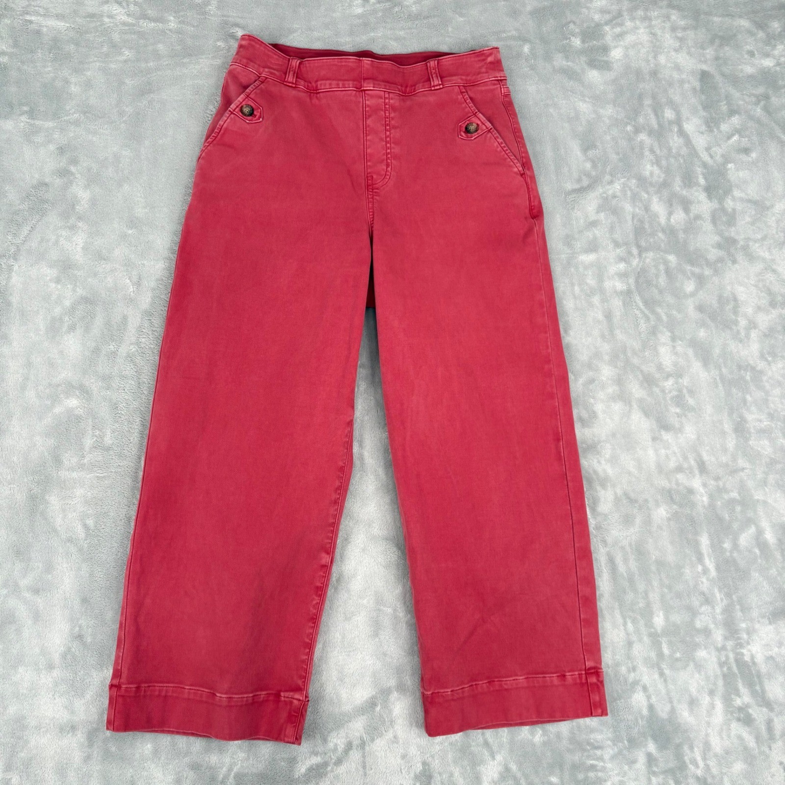 SPANX Wide Leg Cropped Twill Pants M Red Button Stretch Pull on Women's 26x23