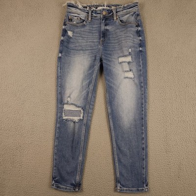 KanCan Jeans Womens 7 27 Blue Clemence High Rise Mom Distressed Raw Hem Stretch