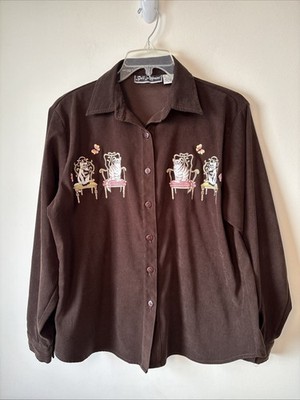 Women s brown button embroidered cats butterfly cat lady