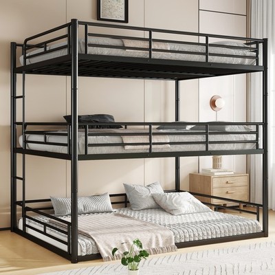 Queen over Queen over Queen Bunk Bed,Metal Triple Bunk Bed with Safety Guardrail
