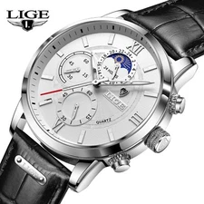 LIGE Men Watch Quartz Luminous Leather Band Waterproof Man Daily Wristwatch Gift