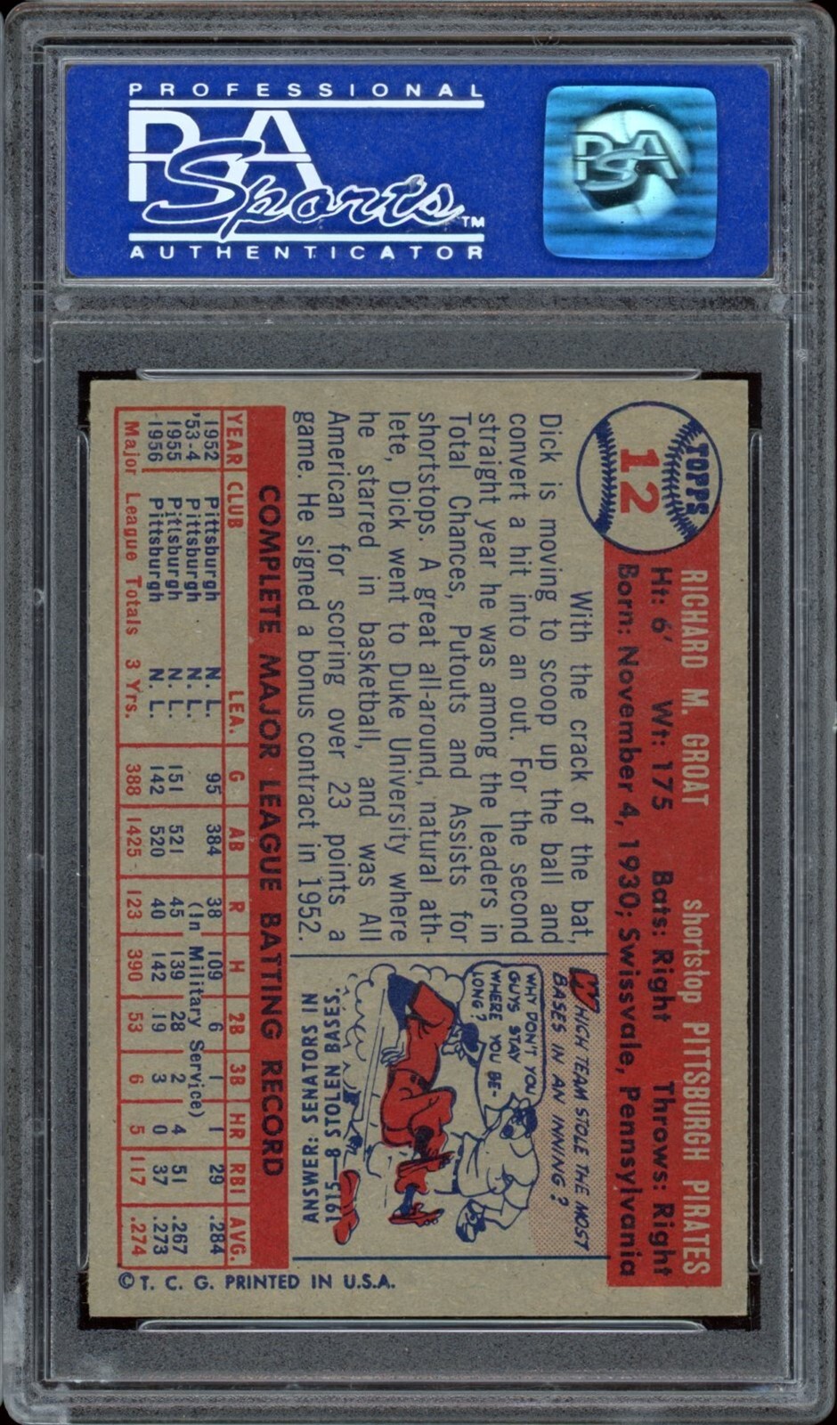 1957 Topps Baseball #12 Dick Groat PSA 8 view 2