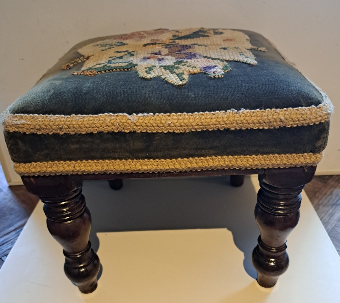 Victorian Wooden Tall Footstool Needlepoint Top 10.75 X 10.75 by 10ins High eBay