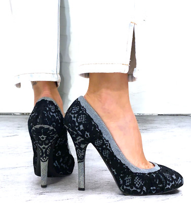 DOLCE & GABBANA Black/Light Blue Lace and Denim Hidden Platform Pumps, Size 37.5