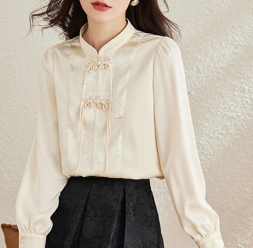 Womens Chinese Faux Satin Jacquard Stand Collar Long Sleeves Shirt Tops Party - Picture 1 of 11