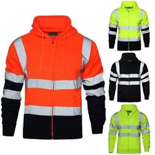 HI HIGH VIZ  HOODIE ZIPPED TOP SAFETY HOODED SWEATSHIRT REFLECTIVE TAPE SECURITY